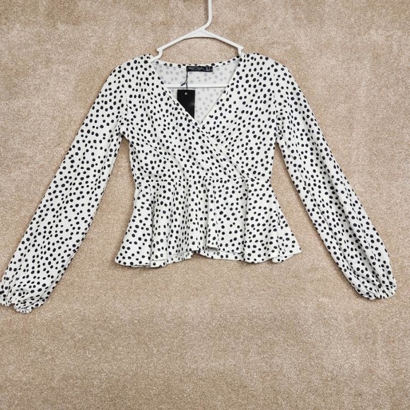 Nasty Gal Tops - Nasty Gal Nastygal White Black Polka Dot V Neck Peplum Top NWT Size 4